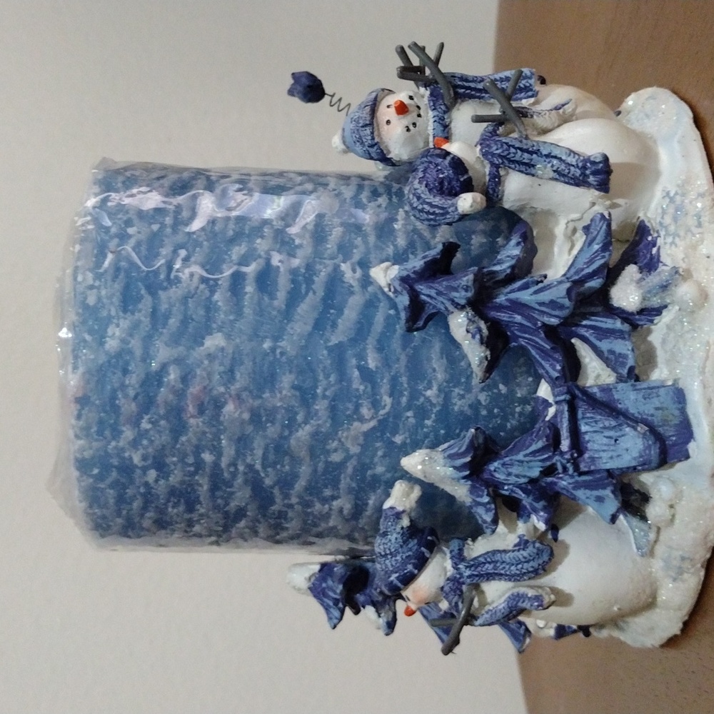 Christmas  snowman Pillar Candle Holder with blue glittered candle